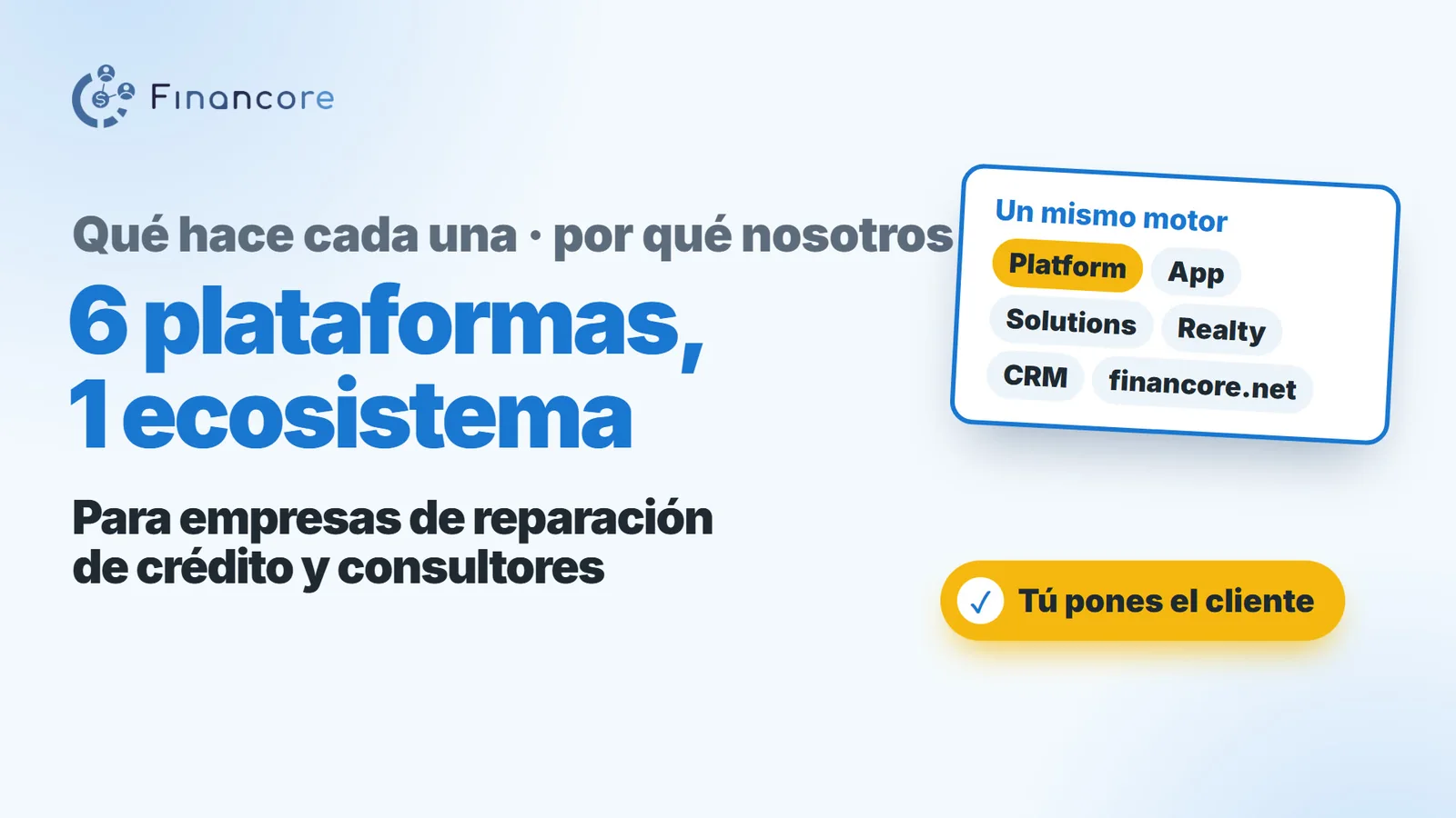 6 plataformas, 1 ecosistema: Platform, App, Solutions, Realty, CRM y financore.net, un mismo motor para empresas de reparación de crédito y consultores.